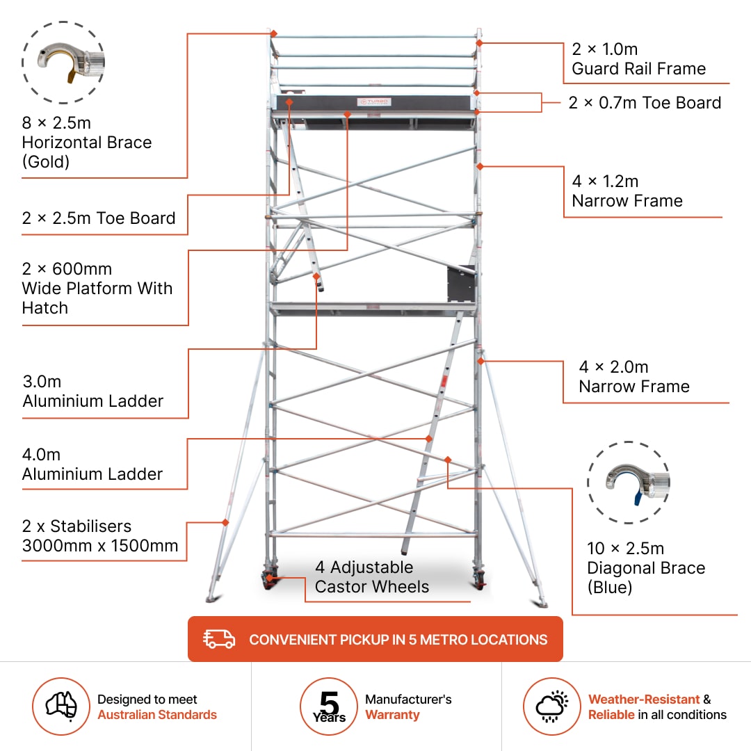 5.9m - 6.2m Narrow Aluminium Mobile Scaffold Base Tower with 2 Outriggers & Kickboards