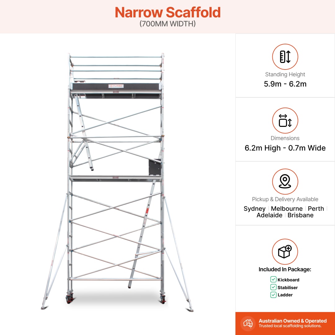 5.9m - 6.2m Narrow Aluminium Mobile Scaffold Base Tower with 2 Outriggers & Kickboards