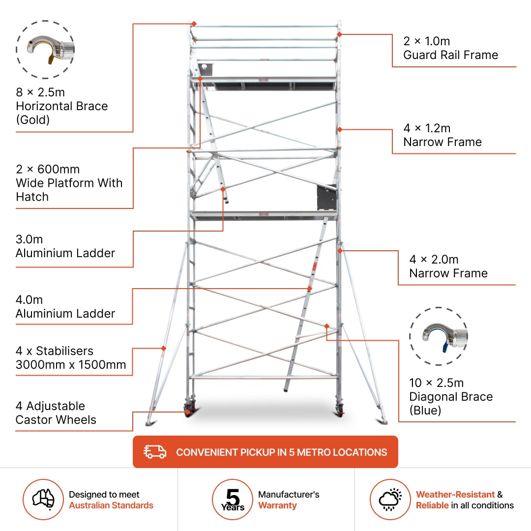 5.9m - 6.2m Narrow Aluminium Mobile Scaffold Base Tower with 4 Outriggers