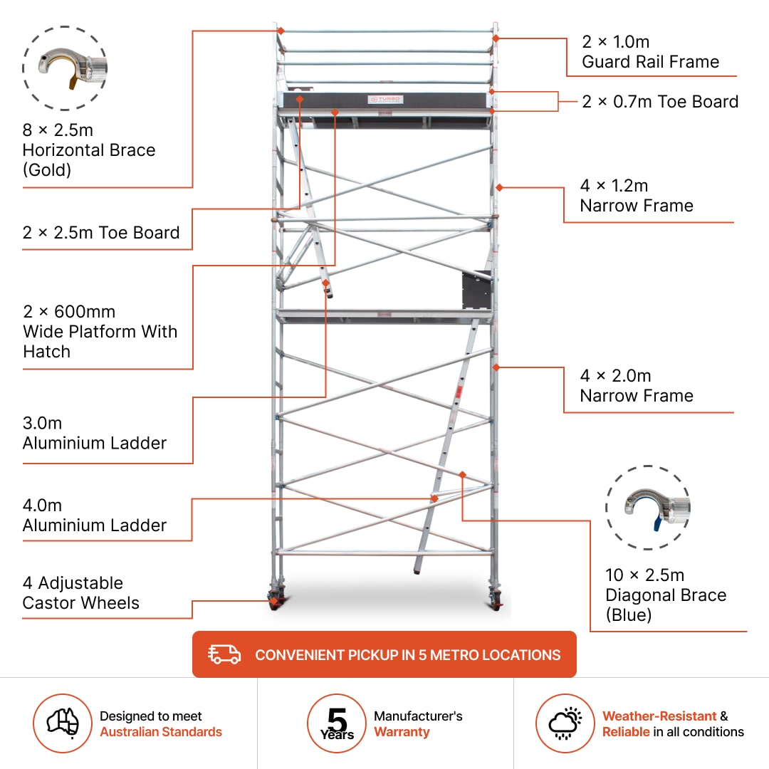 5.9m - 6.2m Narrow Aluminium Mobile Scaffold Base Tower with Kickboards