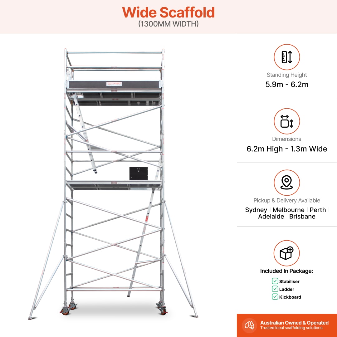 5.9m - 6.2m Wide Aluminium Mobile Scaffold Base Tower with 2 Outriggers & Kickboards